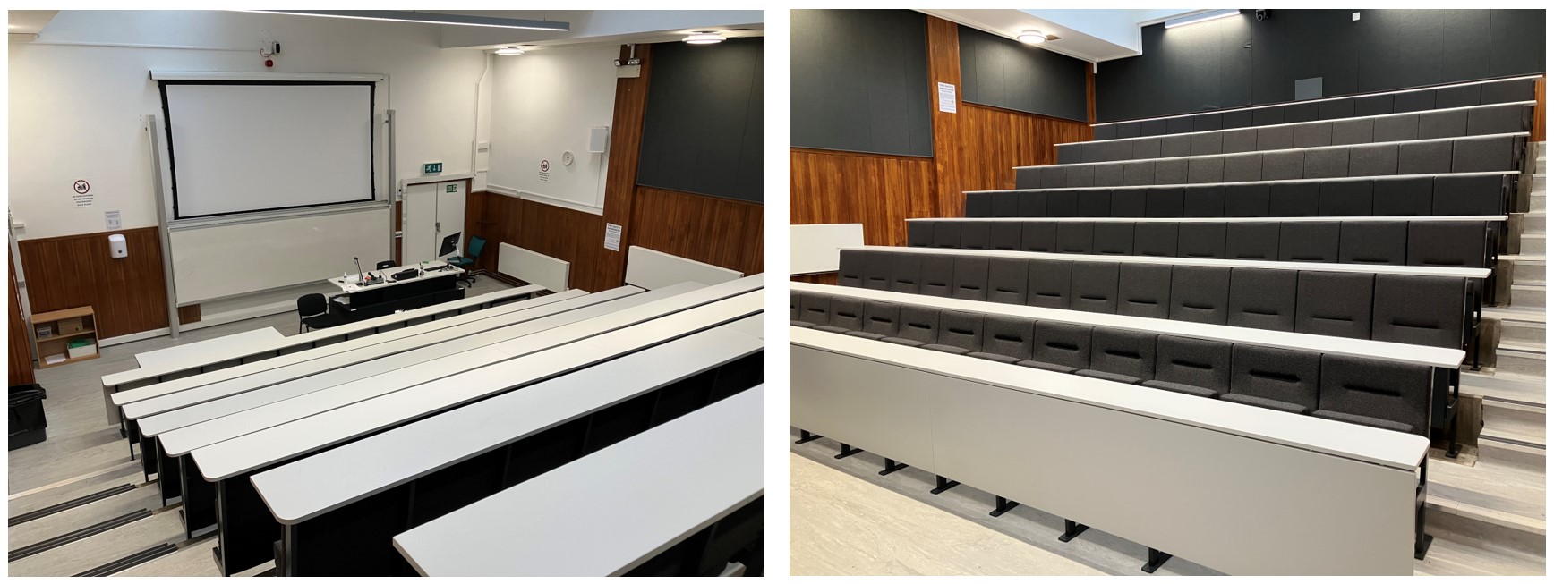 Photo shows rows of tiered seats facing a teaching wall.